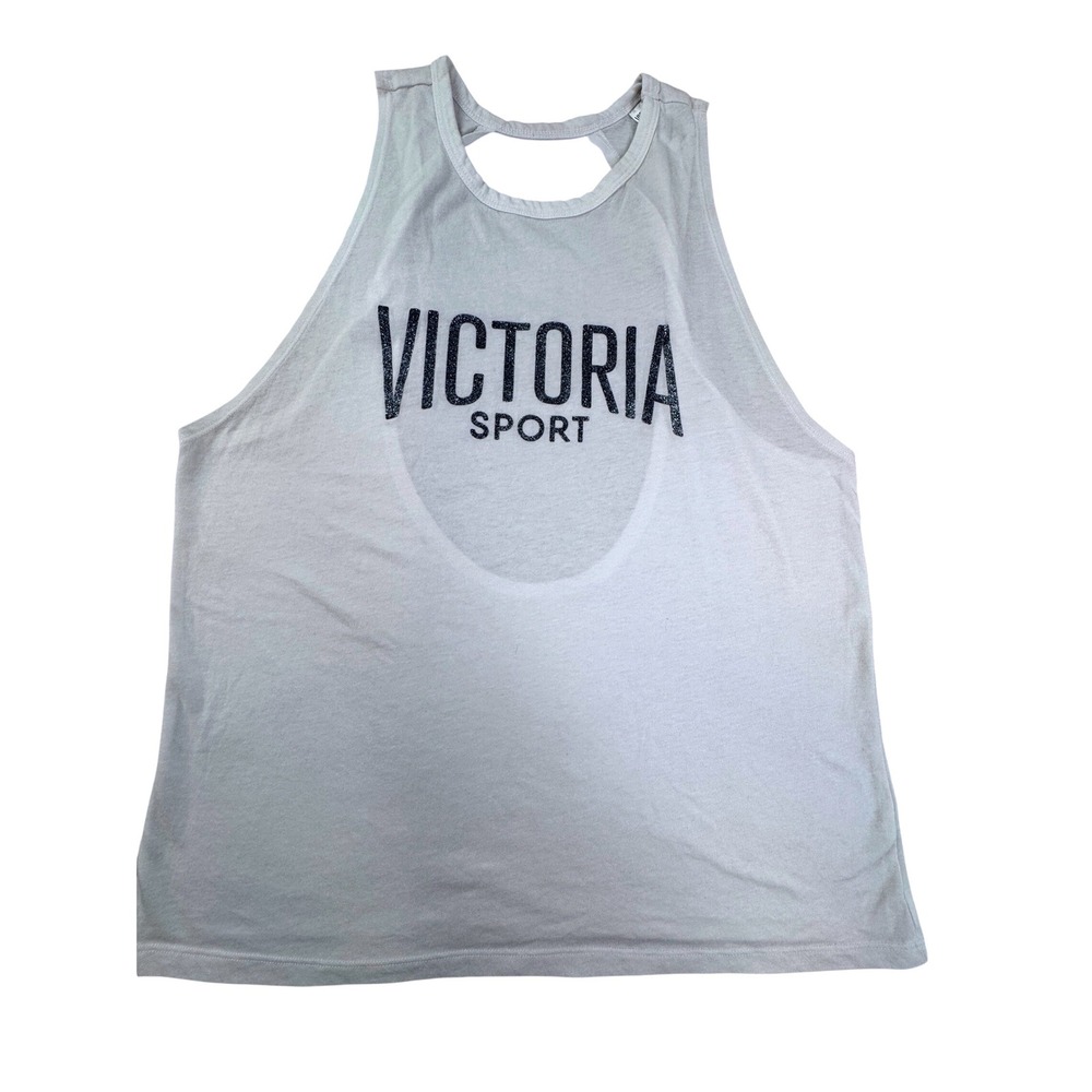 Victoria Sport White Glitter Logo Open Back Muscle Tank Top Medium